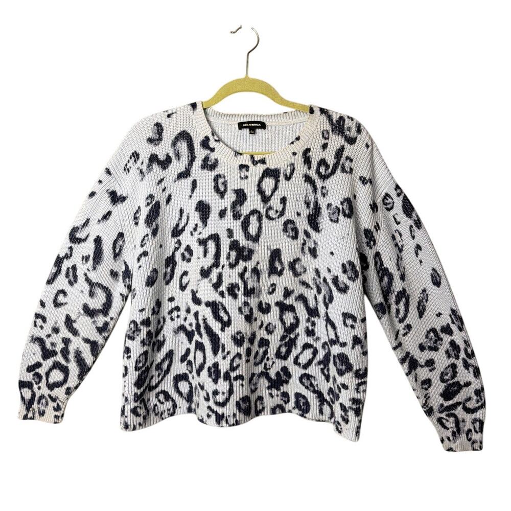525 America Sweater 100% Cotton Blue Black Cheetah Print Size L Boxy Fit